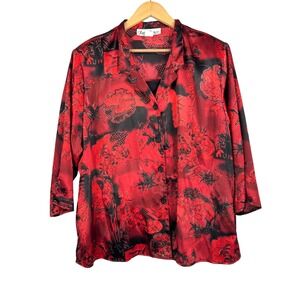 VTG Gloria‎ Lance sz 3X Floral Print V Neck 3/4 Sleeve Satin boho button top 90s